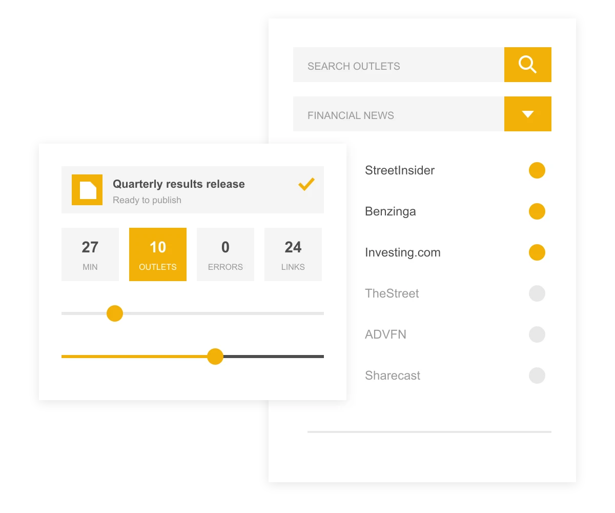 Dashboard showing a quarterly results release ready to publish on ten financial outlets