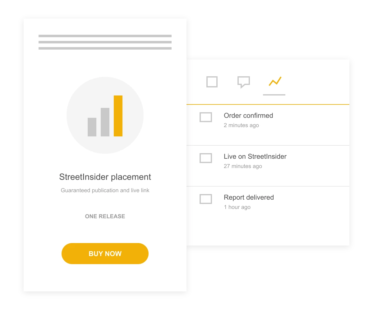 Order screen for a guaranteed StreetInsider placement with delivery updates
