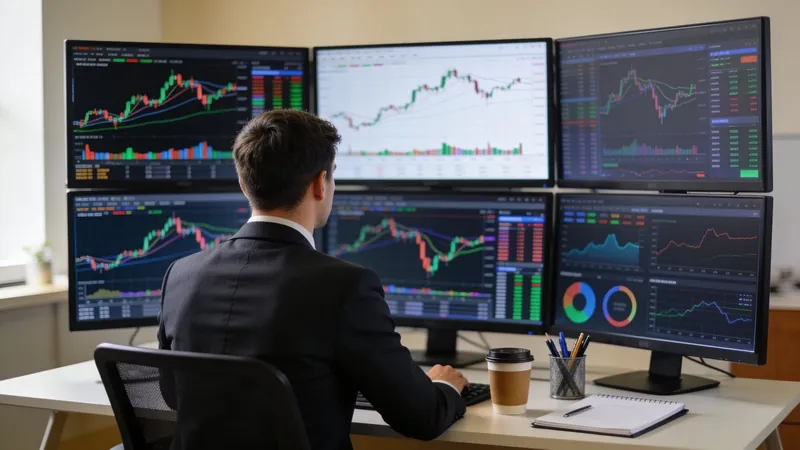 Trader working at a desk with six monitors of stock market charts